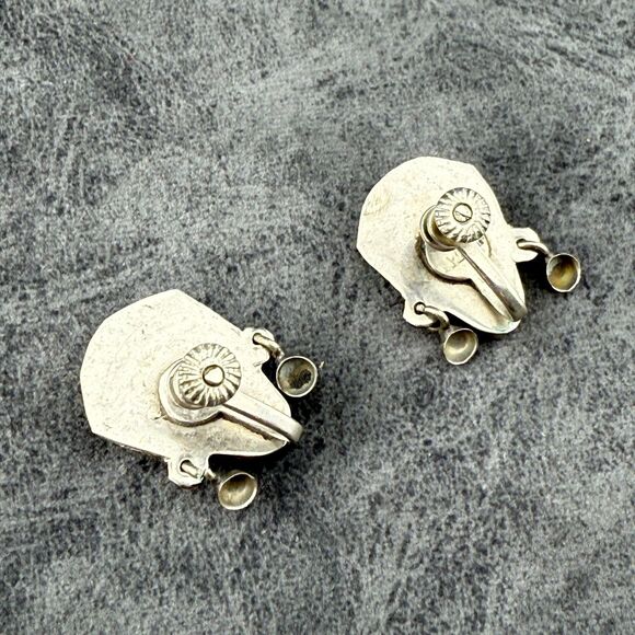 Alpaca Silver Aztec Mask Tiki Carved MOP Screw-back Clip Earrings VTG Mexico - Picture 7 of 13